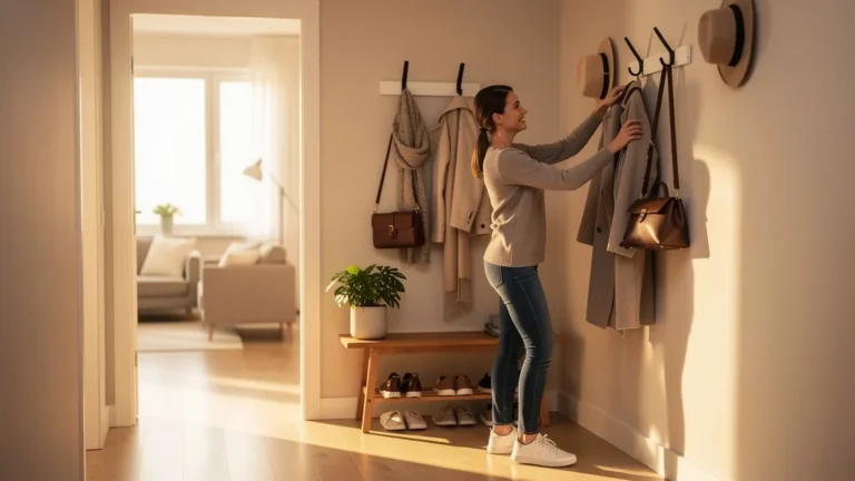 Entrée moderne réorganisée avec trois configurations de patères pour optimiser les matins