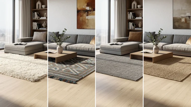 Salon moderne avec quatre dispositions de tapis délimitant l’espace, montrant l’impact d’un décalage de 10 cm