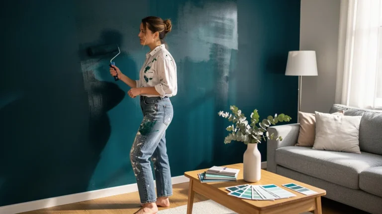 Femme observant un mur fraîchement repeint pour évaluer la couleur avant de tout peindre