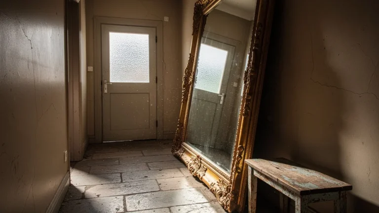 Entrée étroite écrasée par un grand miroir mal placé, illustration réaliste de design d’intérieur