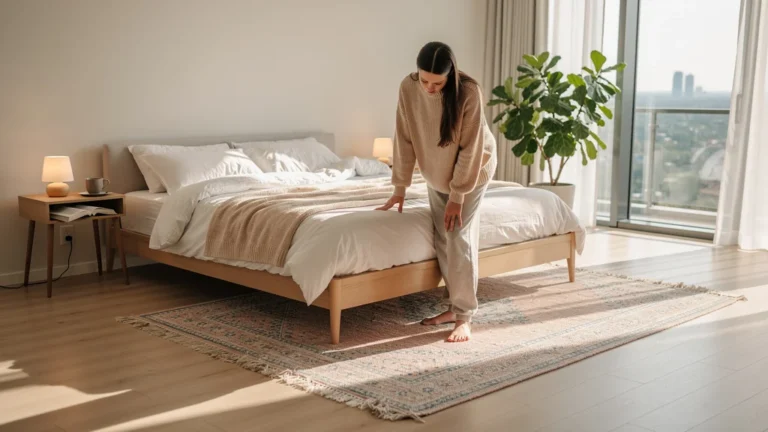 Chambre moderne avec tapis sous le lit, ambiance douce et réflexion sur son usage quotidien
