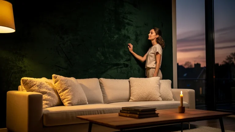 Jeune femme face à un mur vert foncé, symbole de courage malgré la peur du sombre