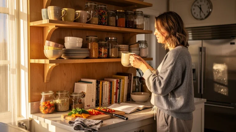 Cuisine avec étagères ouvertes montrant désordre et beauté, idéal pour décor mais pas pour les pressés