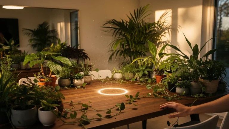 Table envahie de plantes luxuriantes avec une auréole lumineuse symbolisant l'excès végétal