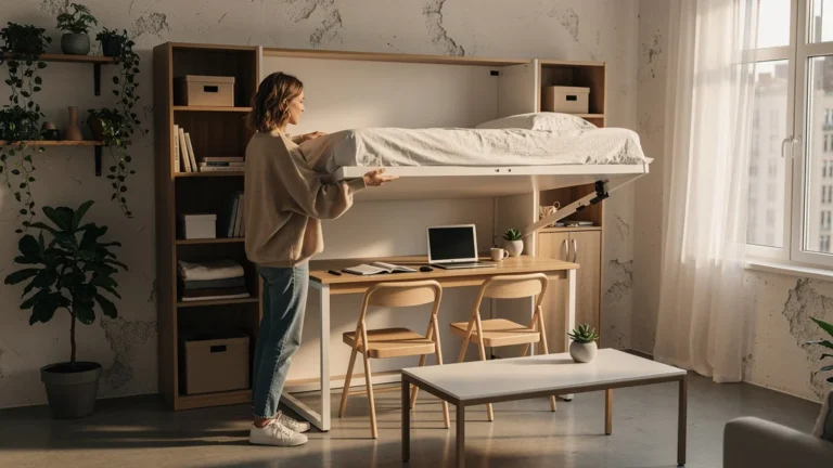 Studio moderne avec lit escamotable et meubles multifonctions optimisant un petit espace de vie