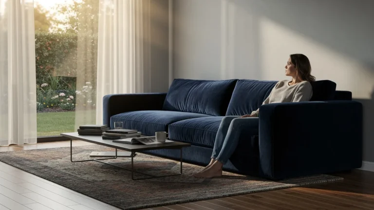 Femme regrettant un canapé trop grand dans un salon moderne lumineux, ambiance mélancolique et décor minimaliste
