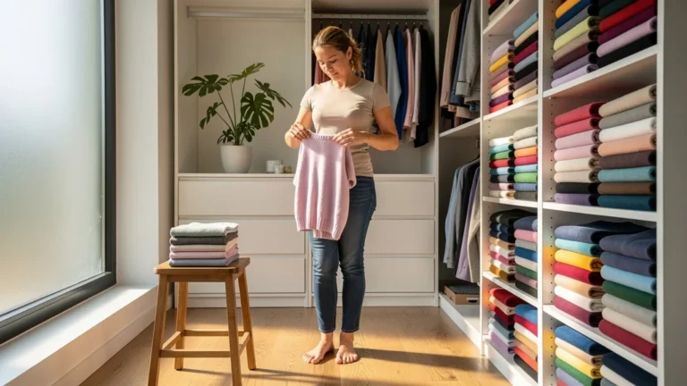 Closet with vertically folded clothes showing space gain après un mois de rangement debout