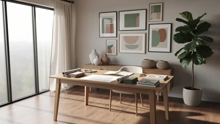 Studio de décoratrice d’intérieur avys moderne et lumineux avec ambiance chaleureuse et matériaux naturels