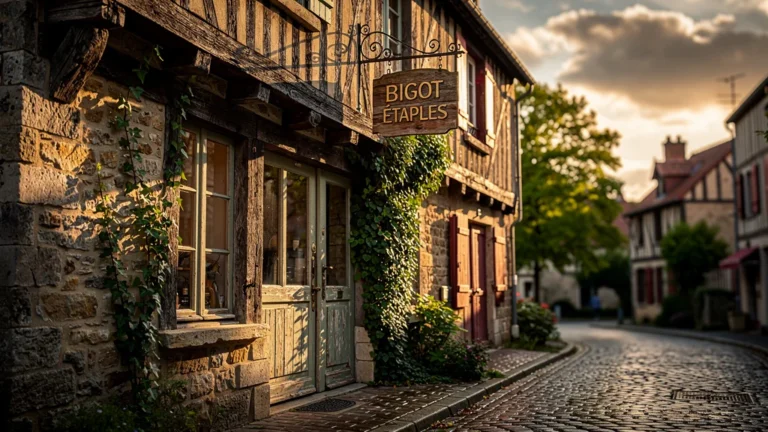 Façade artisanale Bigot Étaples en lumière dorée, ambiance authentique et textures naturelles détaillées