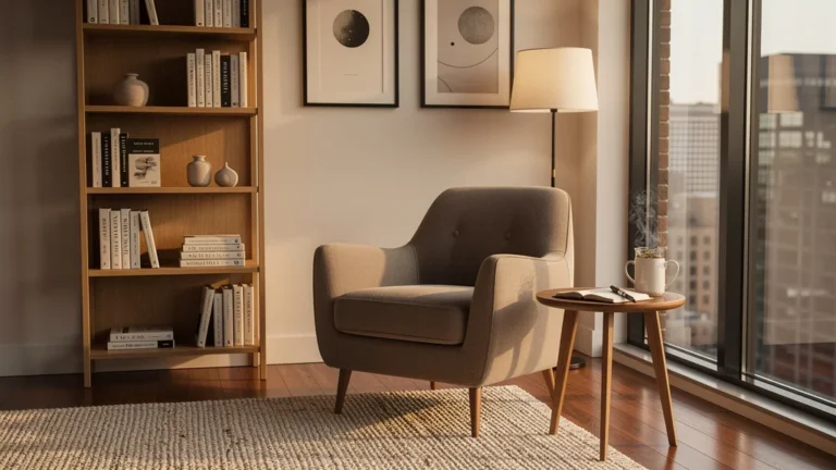 Coin lecture moderne révélant l’espace gaspillé, décor épuré et lumière naturelle chaleureuse
