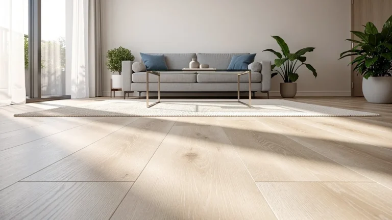 Sol PVC clipsable dans un séjour moderne, lumière naturelle et texture bois réaliste en 8K