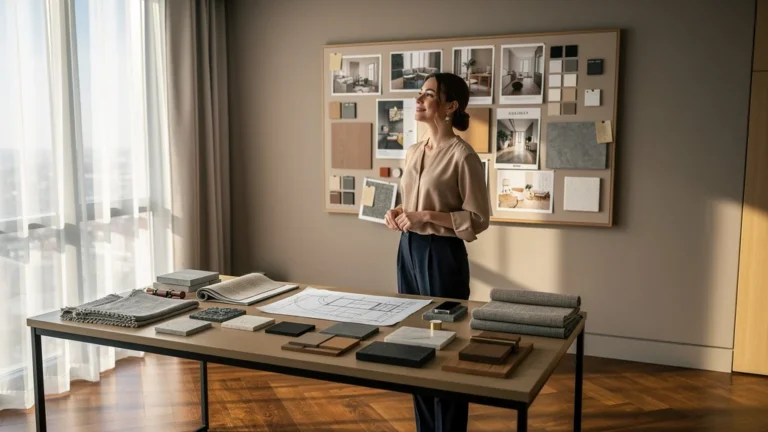 Studio de décoration d’intérieur moderne et lumineux avec décoratrice femme de 33 ans, ambiance professionnelle et chaleureuse