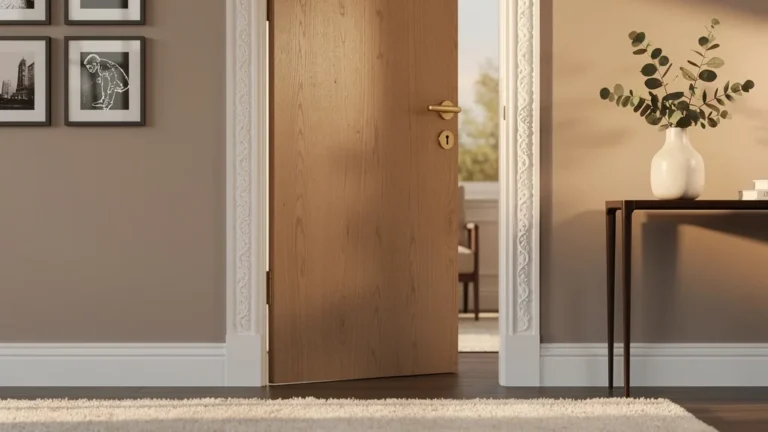 Porte intérieure décorée avec élégance en bois naturel et poignée en laiton dans un salon moderne