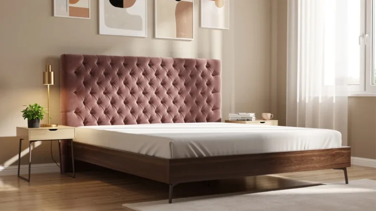 Tête de lit capitonnée faite main en velours rose dans une chambre élégante, finition ultra-réaliste