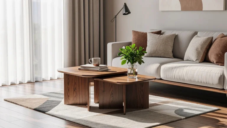 Salon moderne avec deux tables gigognes en bois remplaçant une table basse, ambiance chaleureuse et lumineuse