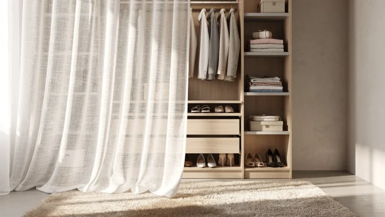 Kit dressing avec rideau blanc en lin, espace rangement moderne et lumineux, décor intérieur élégant