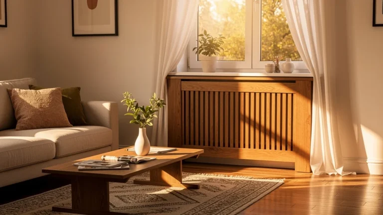 Cache-radiateur en bois chaleureux dans un séjour lumineux décoré avec goût par une décoratrice d’intérieur