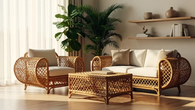 Salon moderne avec mobilier en rotin naturel illustrant sa durabilité et élégance intemporelle