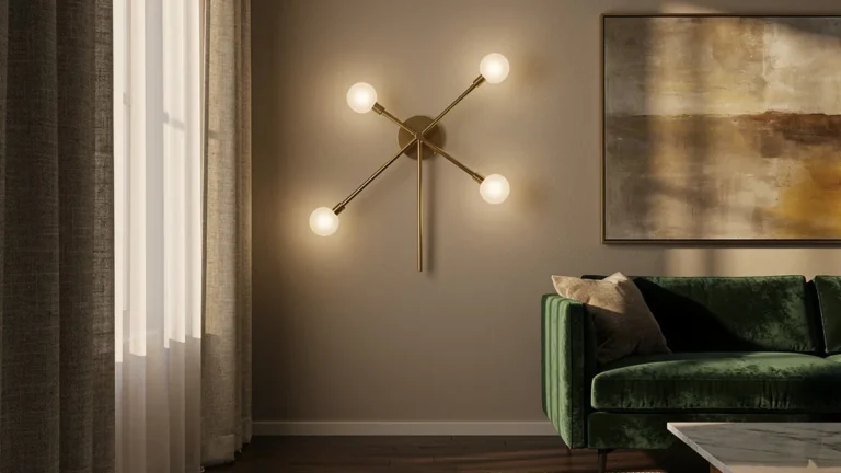 Luminaire mur salon moderne en laiton avec lumière chaude dans un salon contemporain élégant