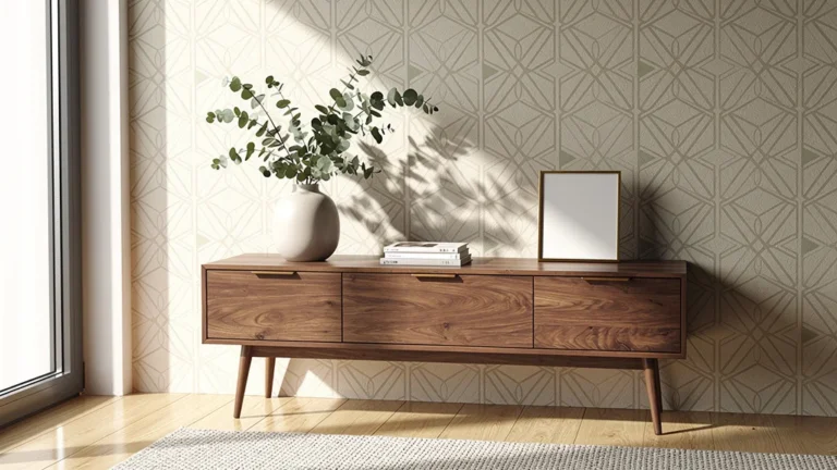 Intérieur moderne avec papier peint adhésif à motif géométrique et mobilier design élégant