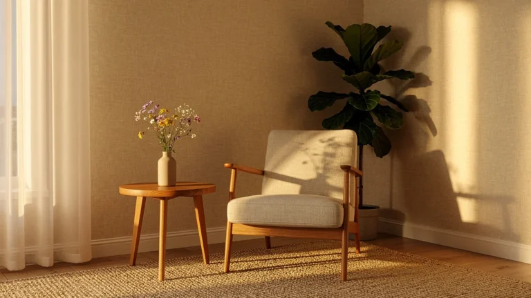 Intérieur avec papier peint beige texturé et décor minimaliste chaleureux en lumière naturelle