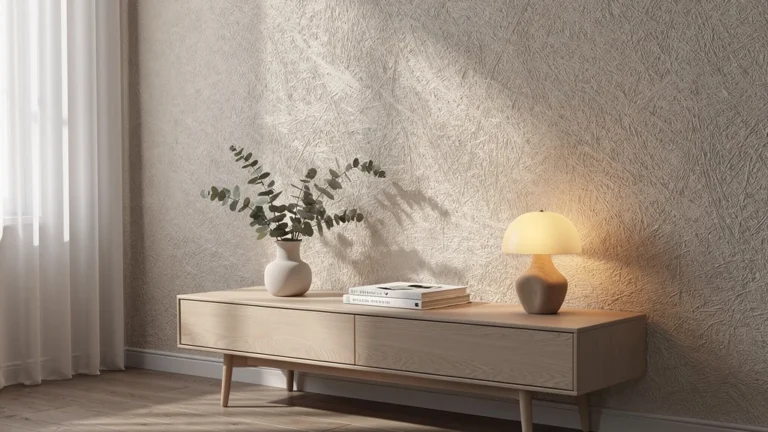 Intérieur moderne avec papier peint texturé beige mettant en valeur les textures naturelles et la lumière douce