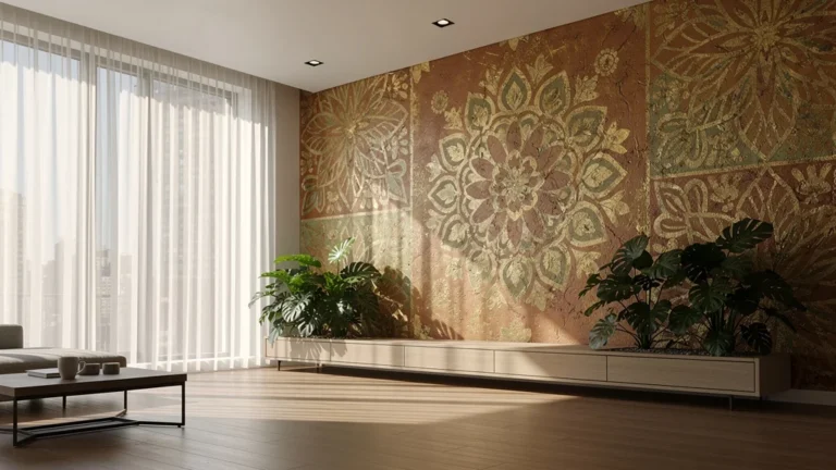 Intérieur moderne avec peintures décoratives murales colorées et motifs floraux en 8K ultra-réaliste