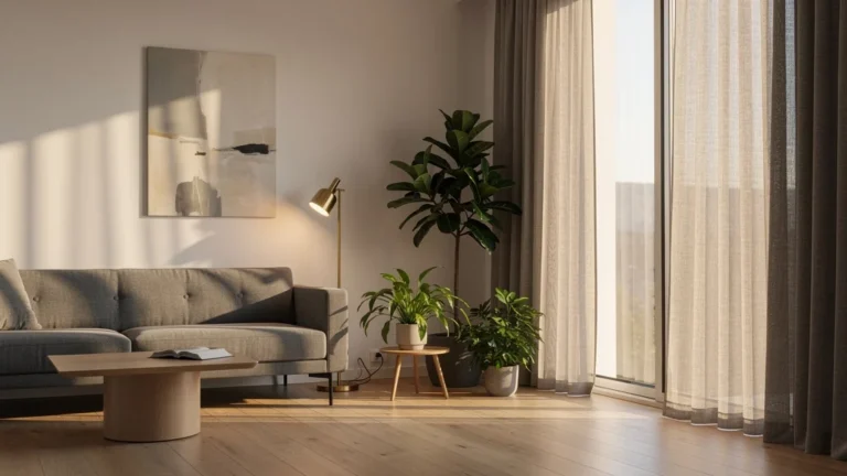 rideau moderne salon élégant en tissu semi-transparent dans un salon lumineux et design contemporain