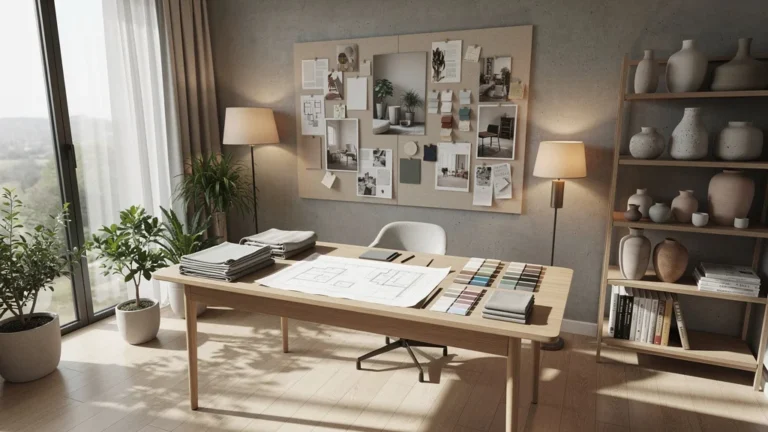 Studio de décoration intérieure moderne et lumineux évoquant l’univers Sodece et une décoratrice indépendante