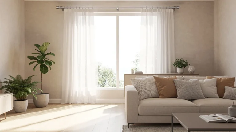 Installation tringle à rideau sans perçage dans un salon moderne lumineux, décor minimaliste et élégant