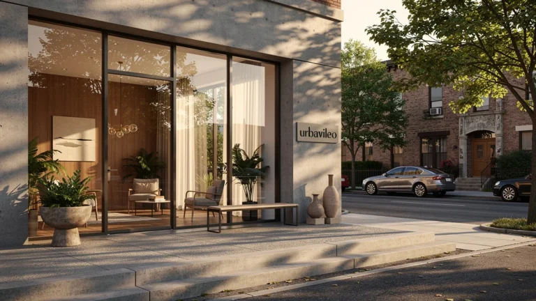 Façade moderne du studio Urbavileo en lumière naturelle, décor d’intérieur local et contemporain