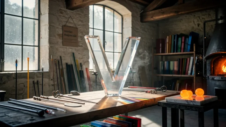 Atelier de verrier majuscule avec lettre V en verre translucide dans un décor artisanal lumineux