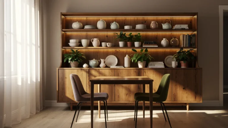 Coin repas équilibré face à un buffet trop grand, illustration d'aménagement intérieur optimisé